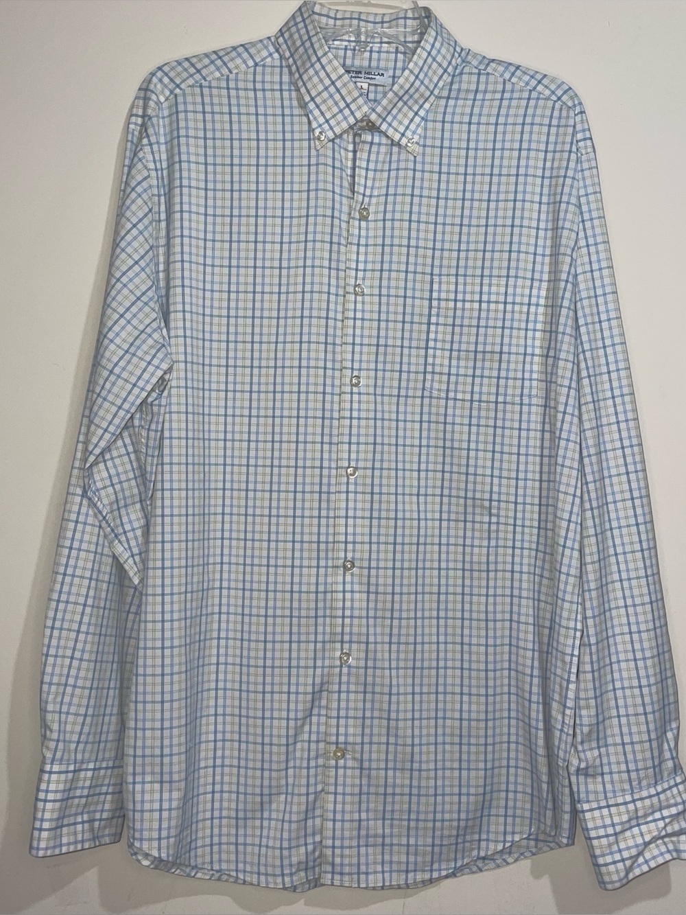 Peter Millar Summer Comfort Yellow White Blue Gingham Long Sleeve L Button Up